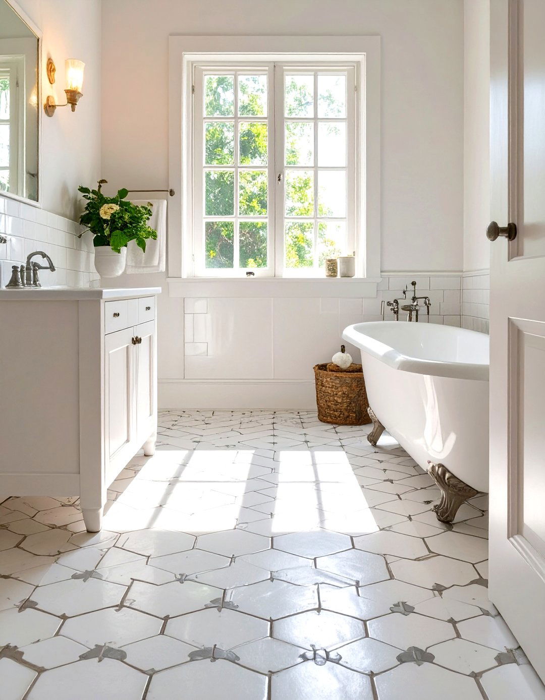 Small Bathroom with Penny Tile Flooring - 30 small white bathroom ideas