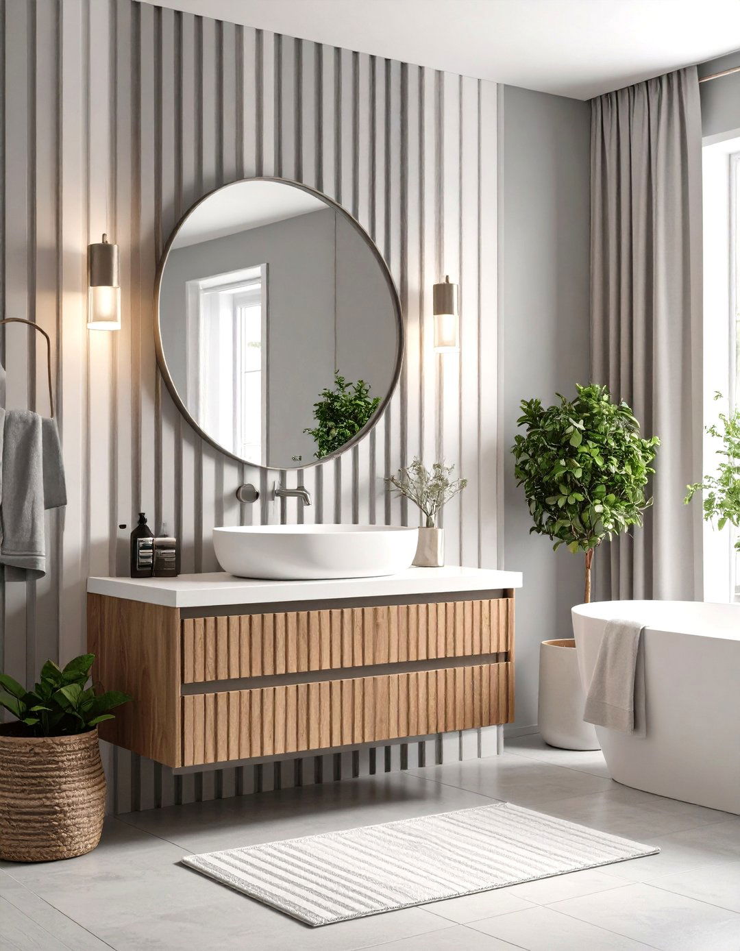 Small Bathroom with Vertical Stripes - 30 gray and white bathroom ideas