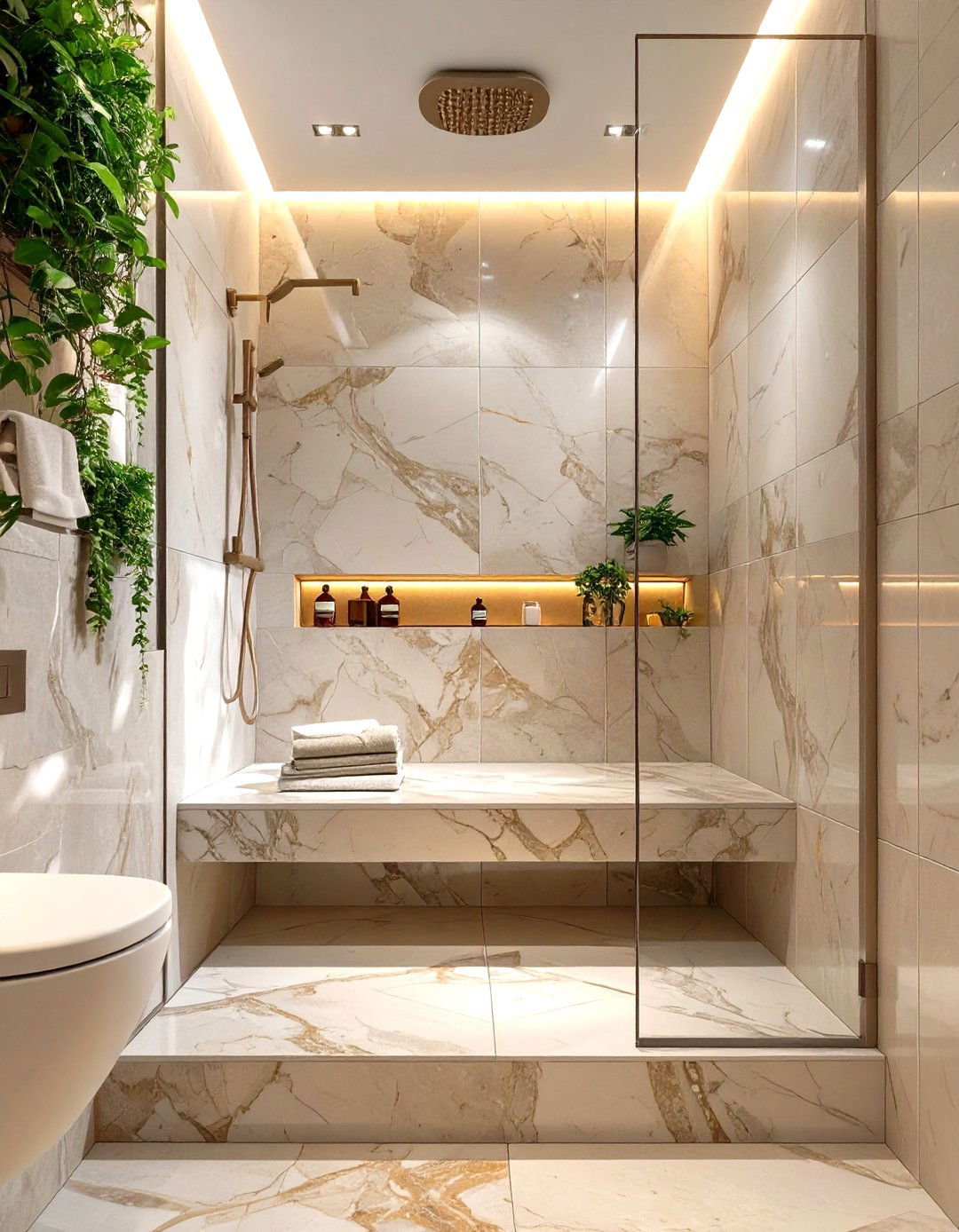 Small Bathroom with a Floating Bench in the Shower - 30 small modern luxury bathroom design ideas