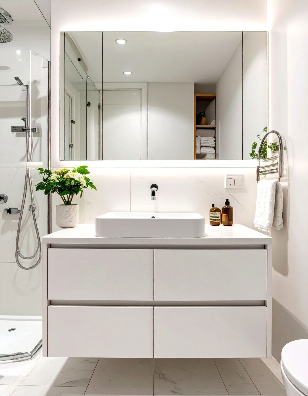 Small Bathroom with a Floating White Vanity - 30 small white bathroom ideas