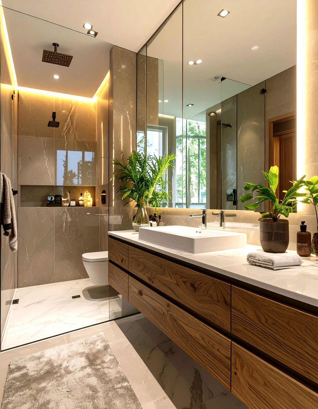 Small Bathroom with a Full Wall Mirror - 30 small modern luxury bathroom design ideas