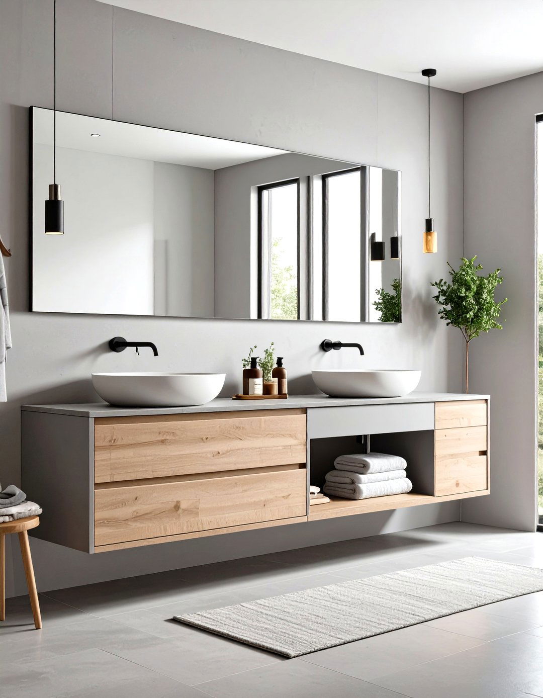 Small Bathroom with a Narrow Light Grey Vanity - 30 light grey vanity bathroom ideas