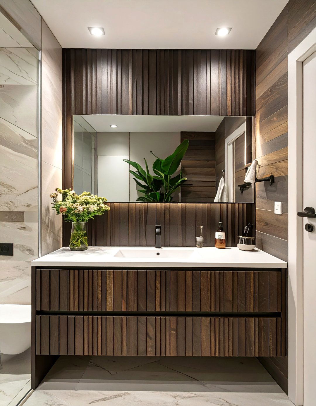 Small Bathroom with a Unified Stone Feature Wall - 30 small modern luxury bathroom design ideas