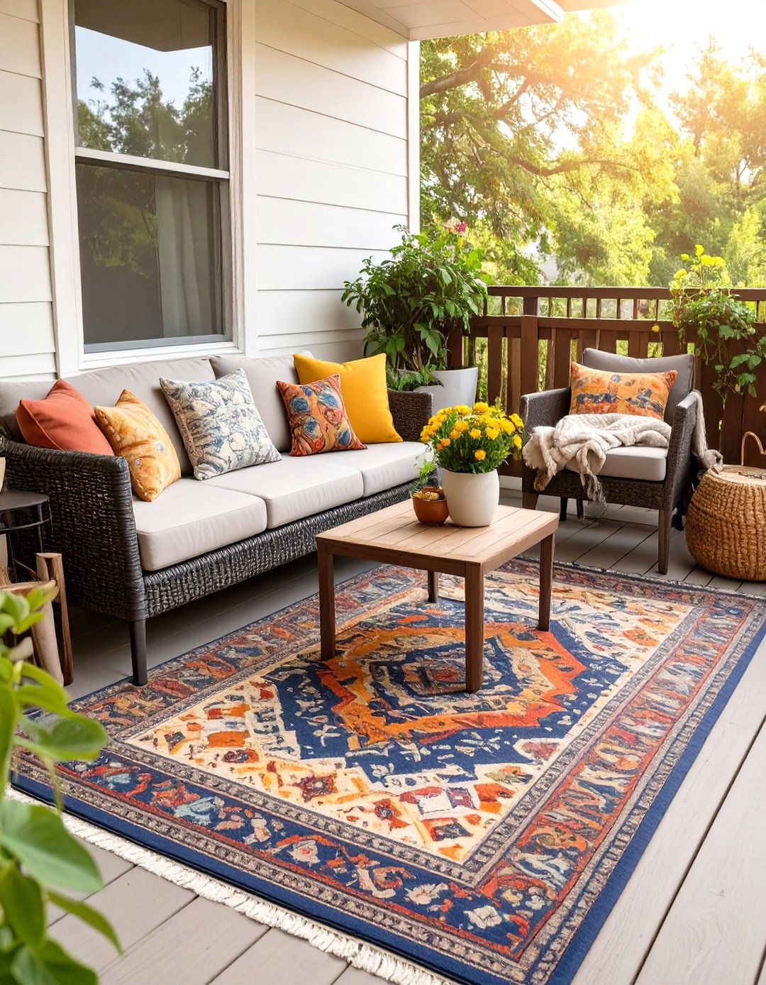 Small Deck with Outdoor Rug and Layered Textures - 30 small deck ideas