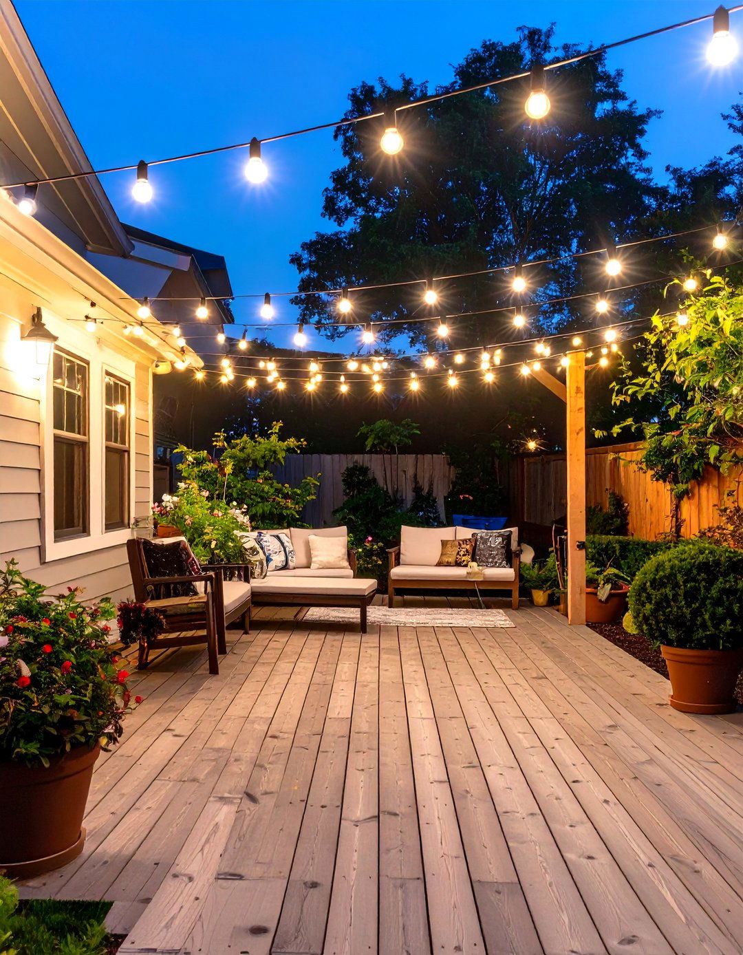 Small Deck with String Light Canopy - 30 small deck ideas on a budget