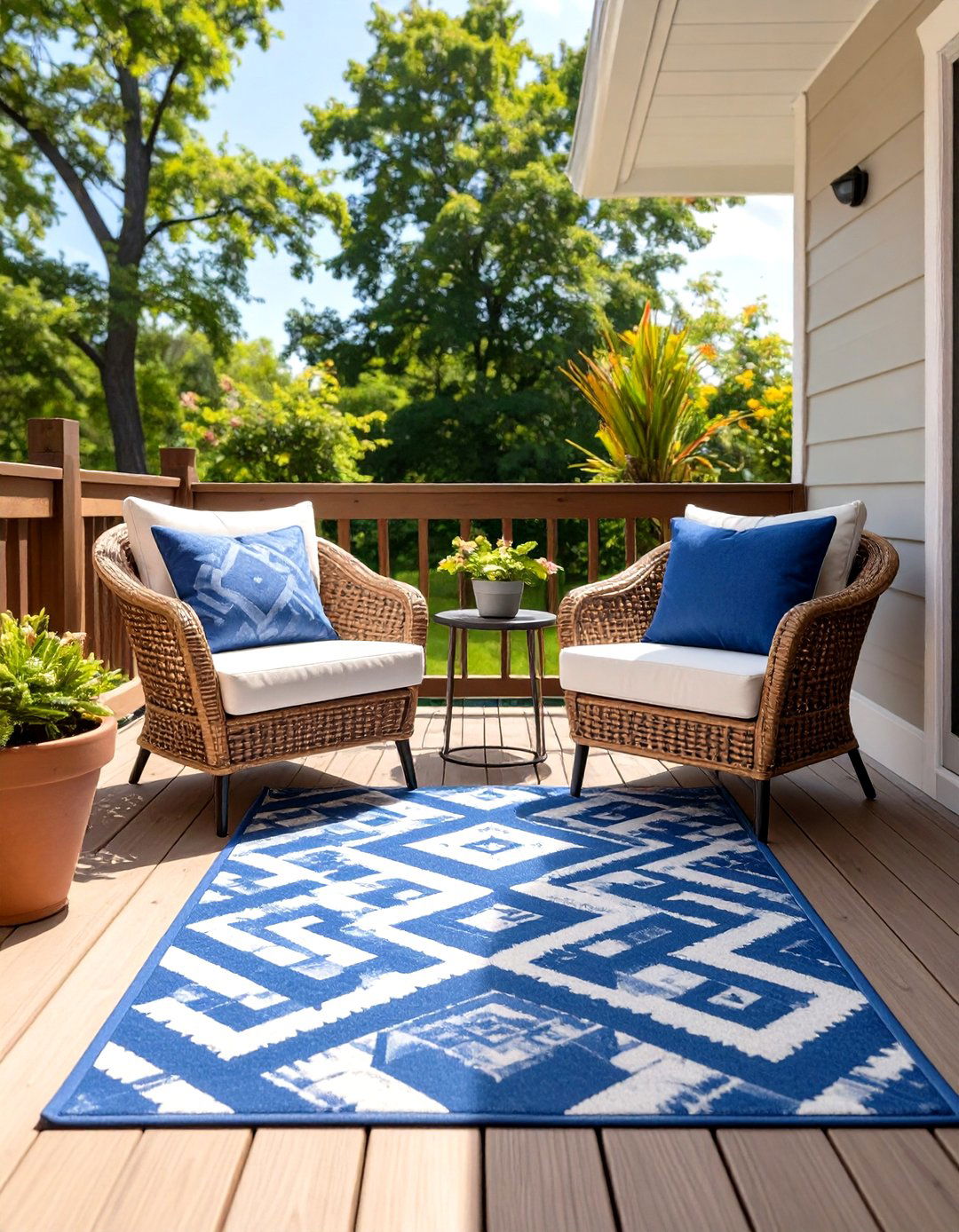 Small Deck with a Bold Outdoor Rug - 30 simple small deck ideas