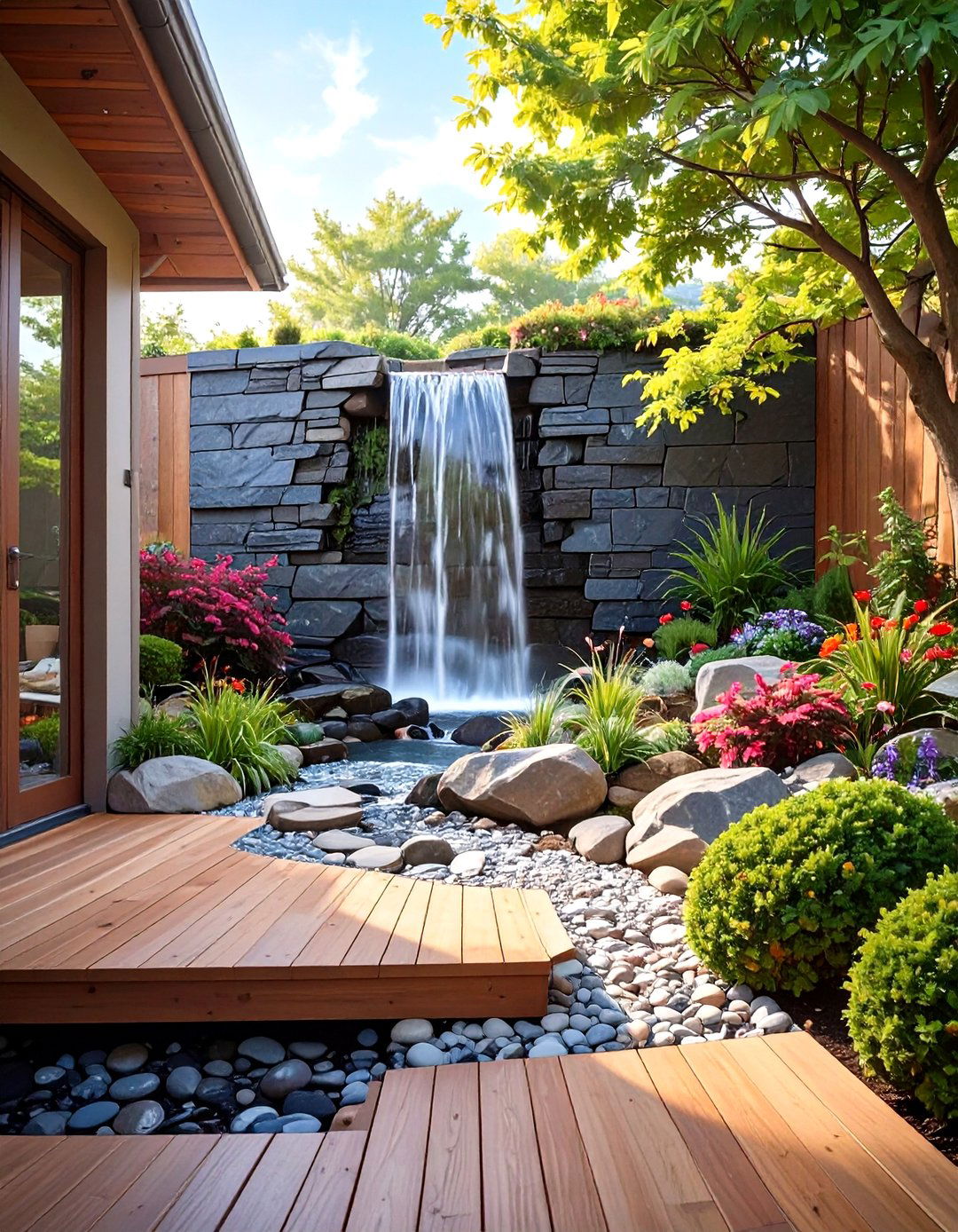 Small Deck with a Slim Water Feature - 30 simple small deck ideas