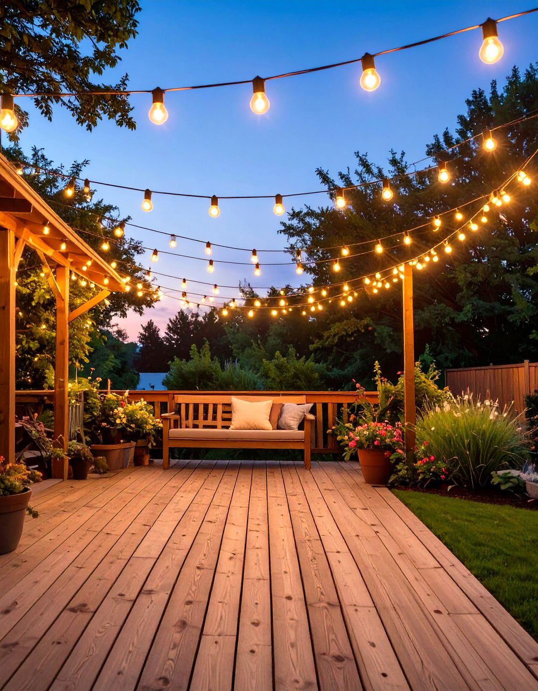 Small Deck with a String Light Canopy - 30 simple small deck ideas
