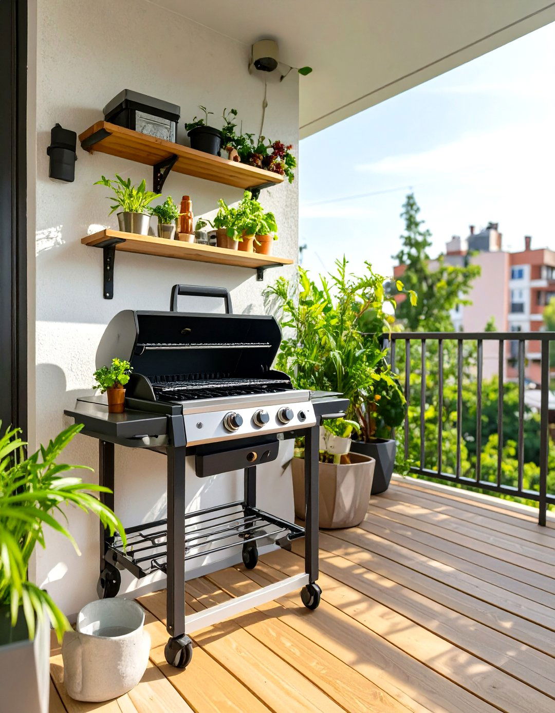 Small Deck with a Wall Mounted Grill Shelf - 30 simple small deck ideas
