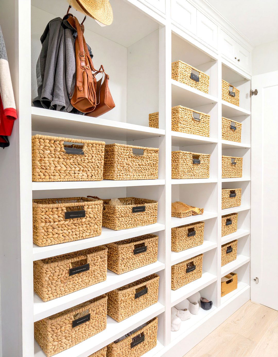 Small Entryway Coat Closet with Labeled Baskets - 30 small entryway coat closet ideas