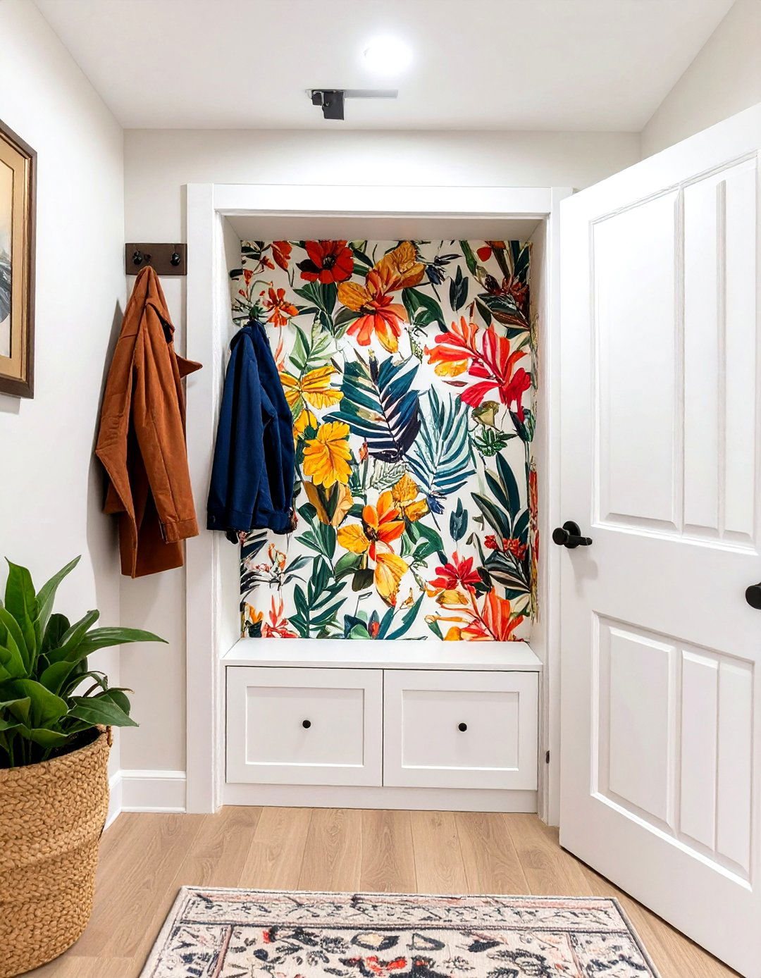 Small Entryway Coat Closet with Wallpapered Interior - 30 small entryway coat closet ideas