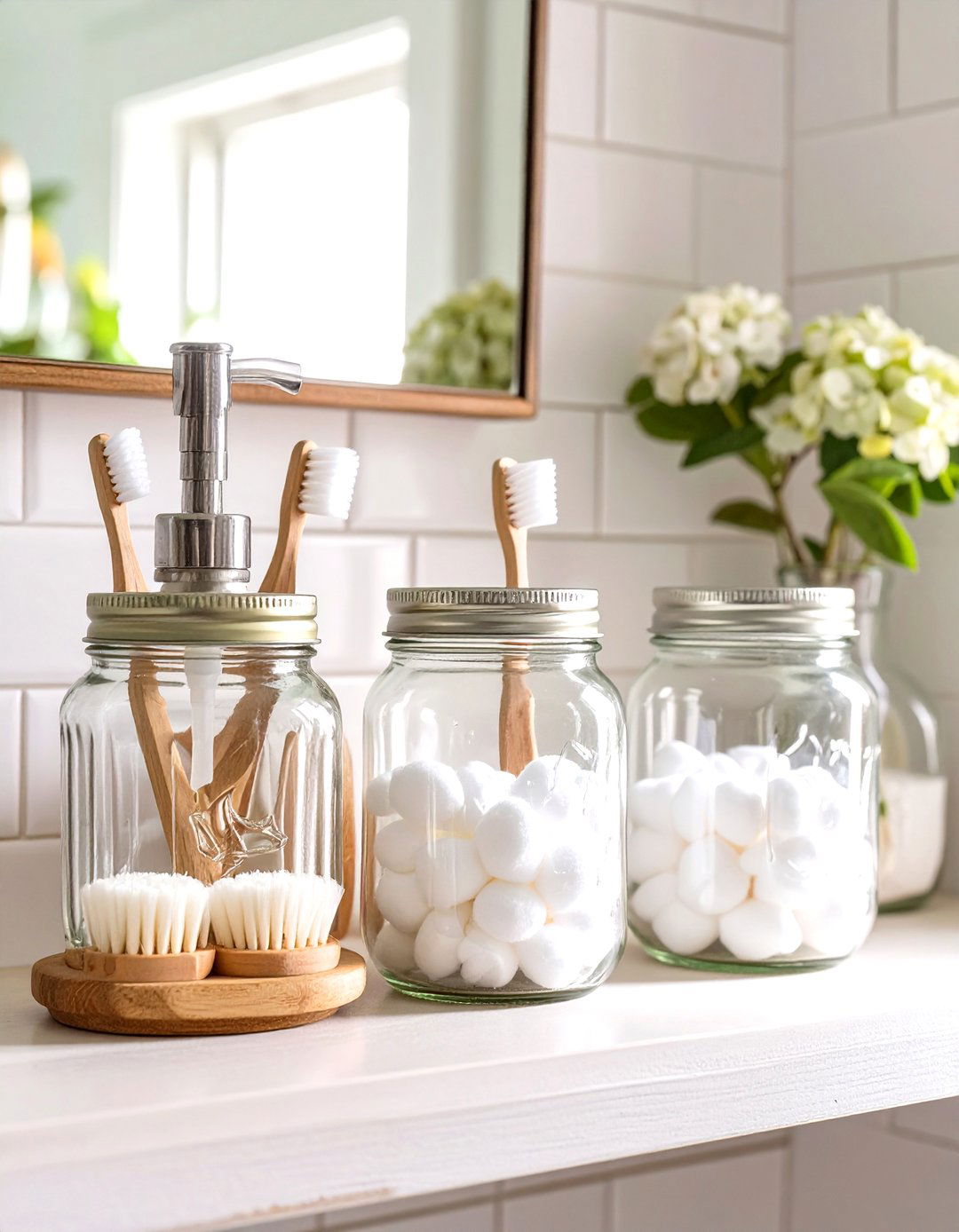 Small Farmhouse Bathroom with Mason Jar Accessories - 30 small farmhouse bathroom ideas