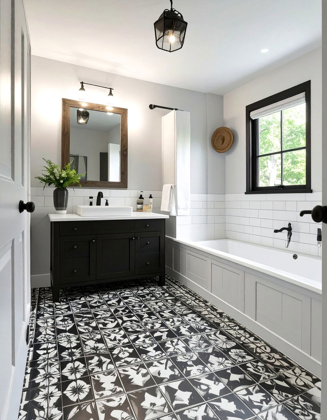 Small Farmhouse Bathroom with Patterned Floor Tiles - 30 small farmhouse bathroom ideas