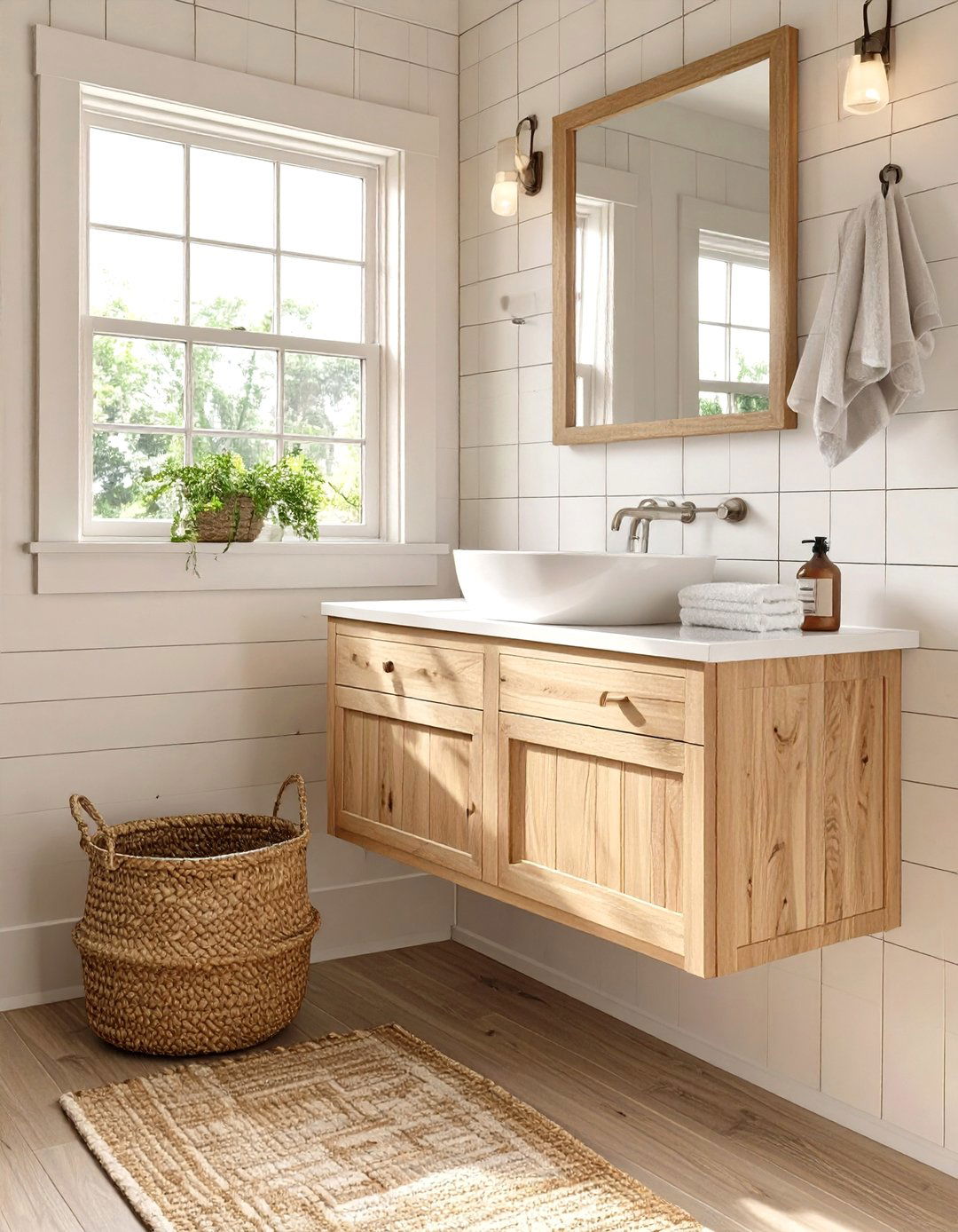 Small Farmhouse Bathroom with a Floating Vanity - 30 small farmhouse bathroom ideas