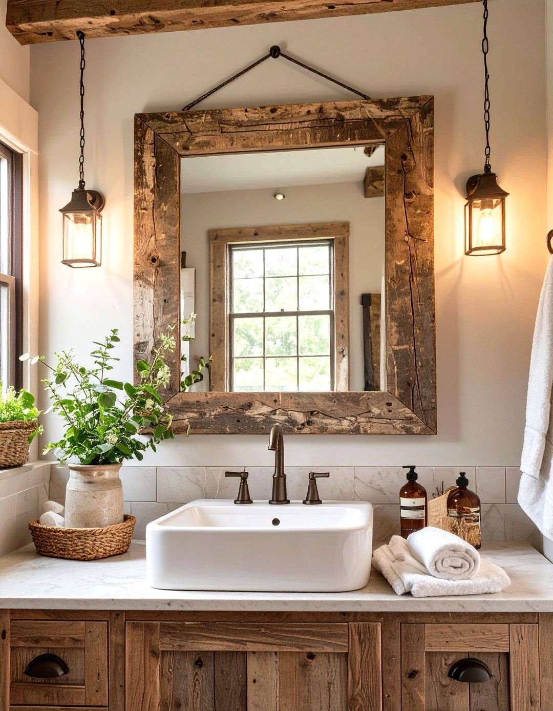 Small Farmhouse Bathroom with a Framed Mirror - 30 small farmhouse bathroom ideas