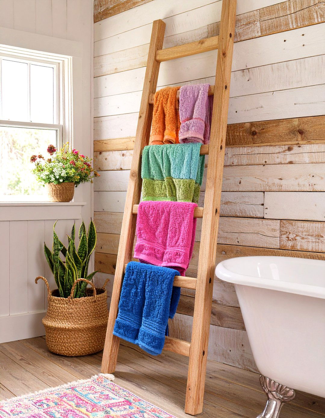 Small Farmhouse Bathroom with a Ladder for Towel Storage - 30 small farmhouse bathroom ideas