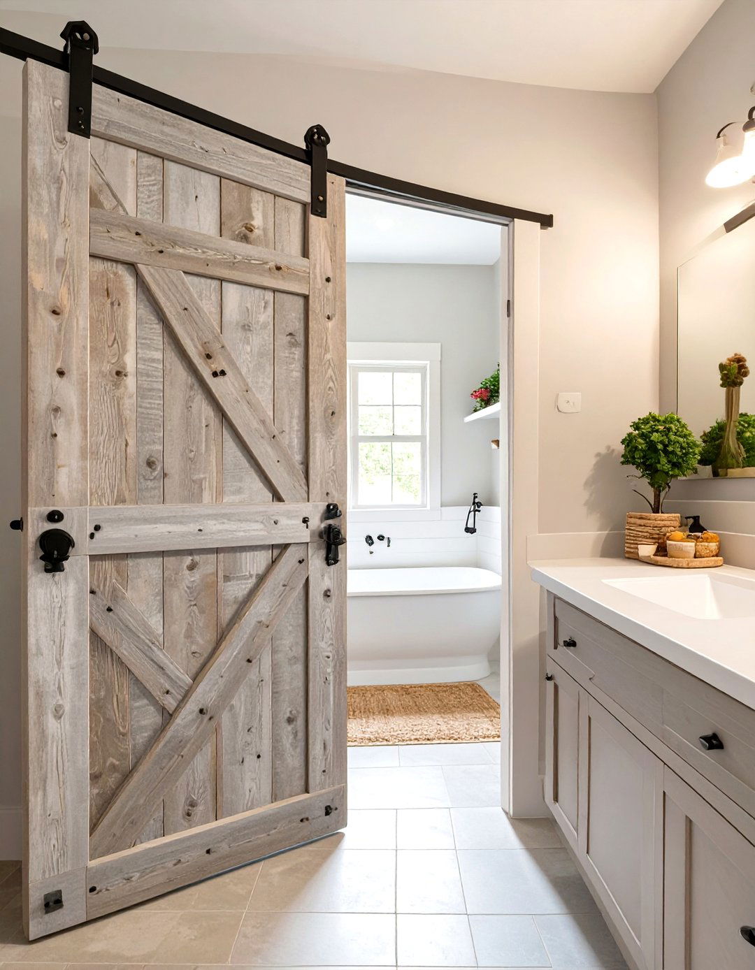 Small Farmhouse Bathroom with a Sliding Barn Door - 30 small farmhouse bathroom ideas