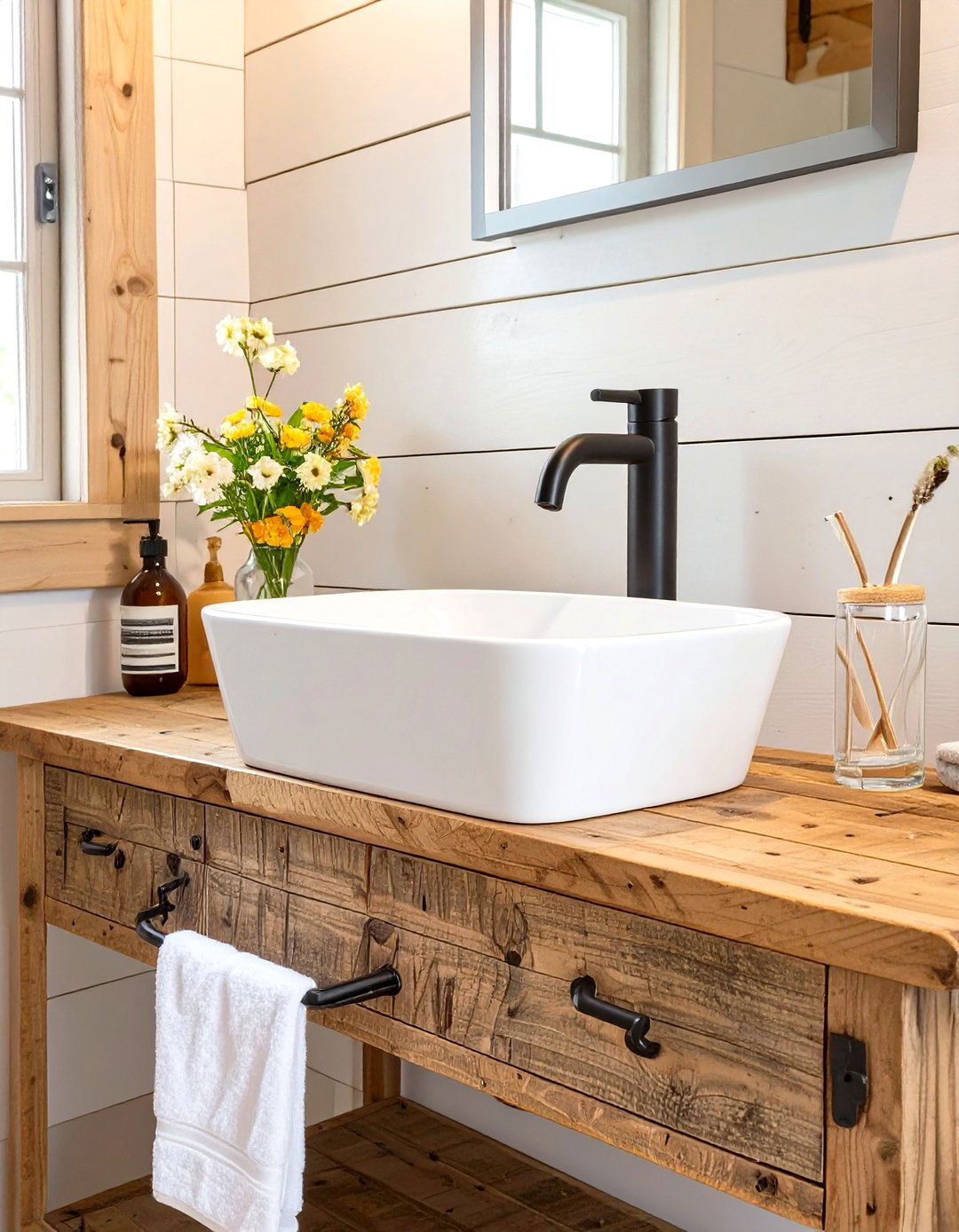 Small Farmhouse Bathroom with a Vessel Sink - 30 small farmhouse bathroom ideas