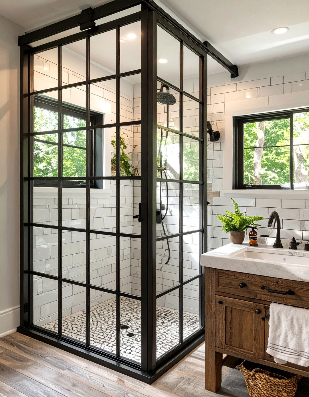 Small Farmhouse Bathroom with a Windowpane Shower Door - 30 small farmhouse bathroom ideas