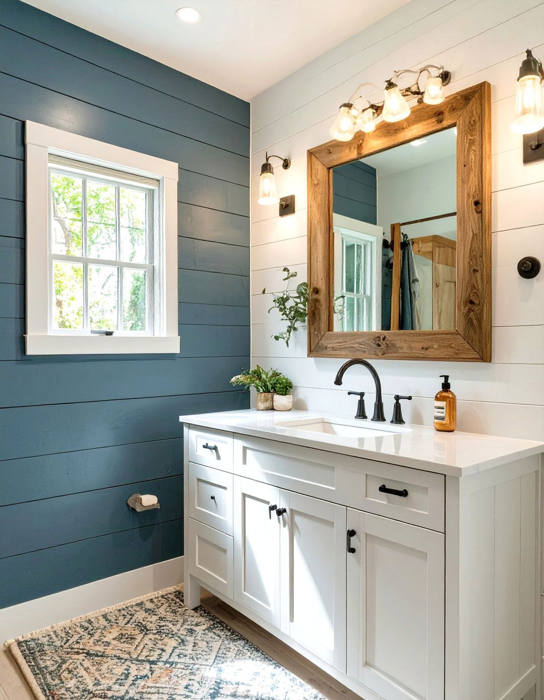 Small Farmhouse Bathroom with an Accent Wall - 30 small farmhouse bathroom ideas