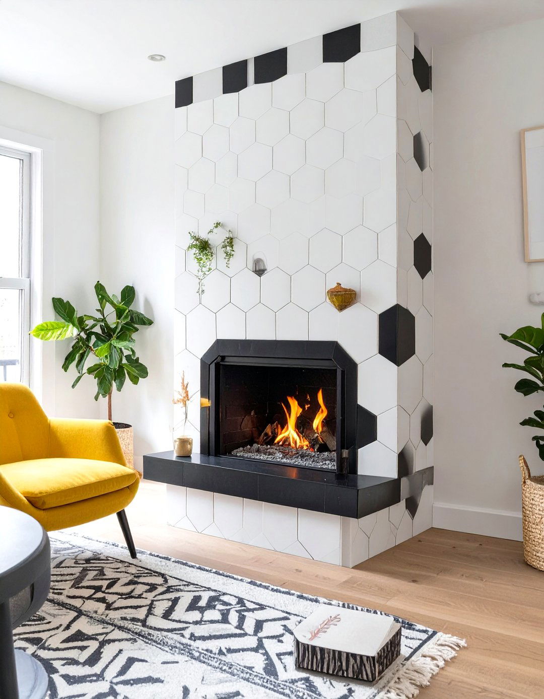 Small Fireplace with Geometric Tile Surround - 30 small living room fireplace ideas