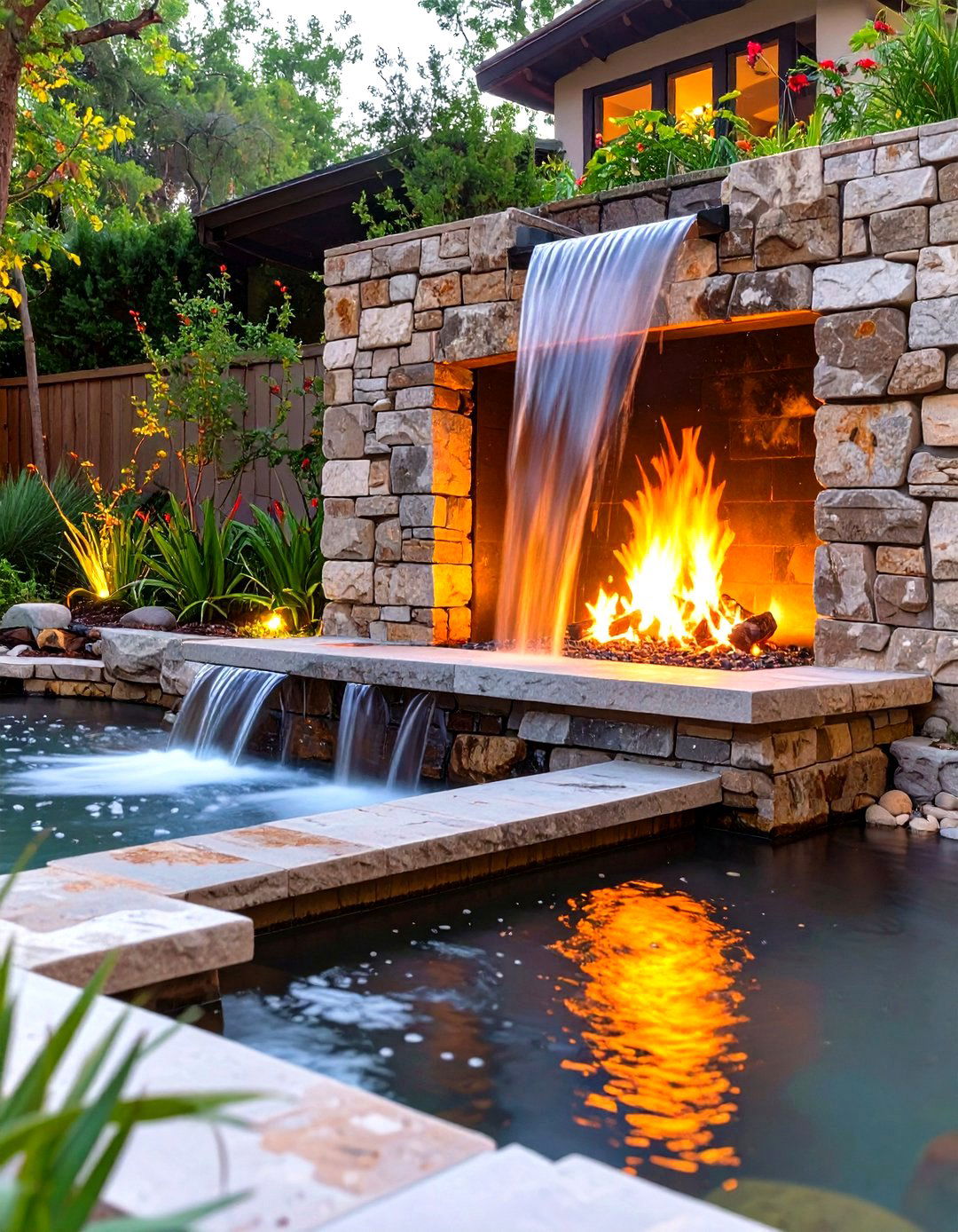 Small Fireplace with a Waterfall Feature - 30 small outdoor fireplace ideas