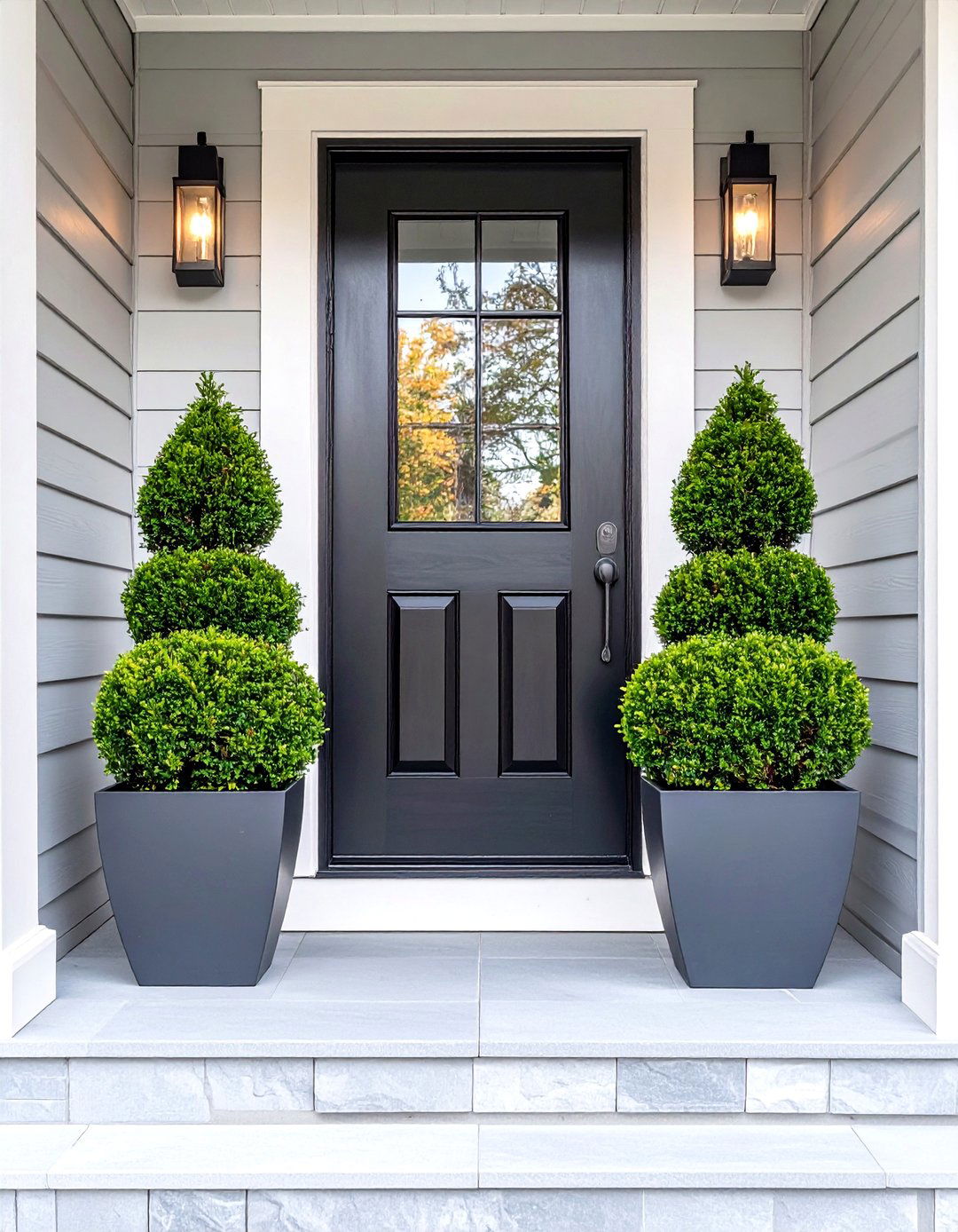 Small Front Porch Symmetrical Potted Evergreens - 30 small front porch landscaping ideas