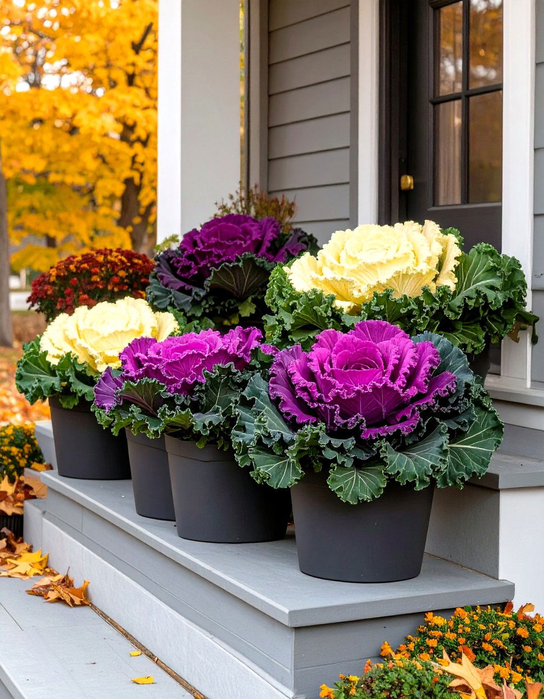 Small Front Porch with Ornamental Cabbage and Kale - 30 small front porch landscaping ideas