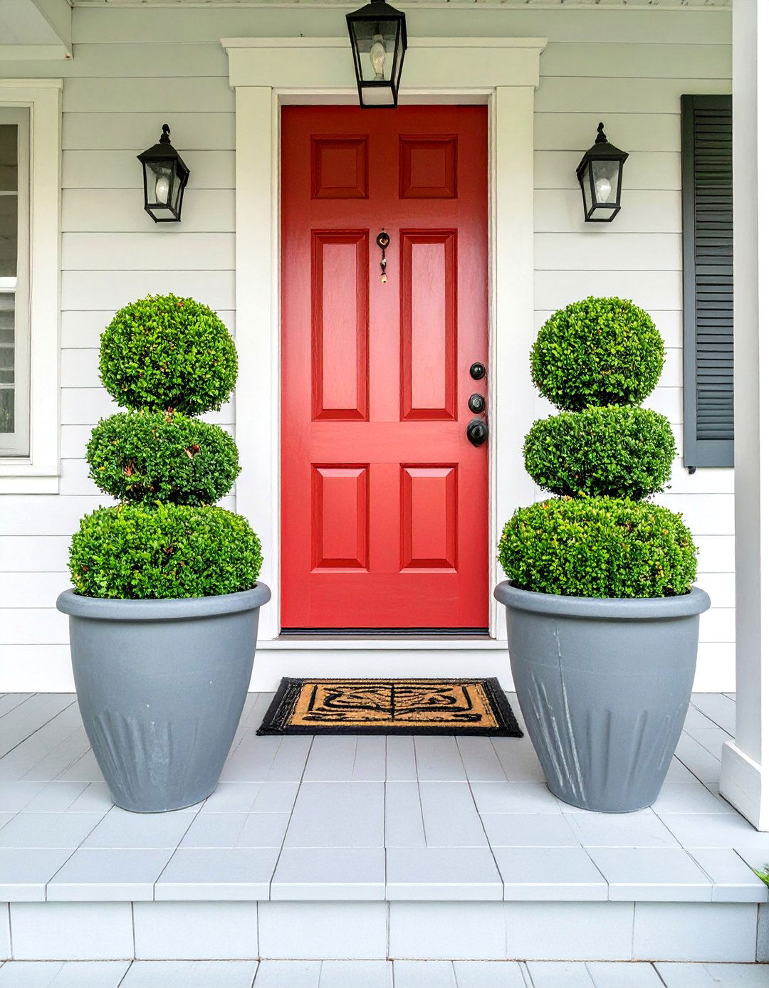 Small Front Porch with Symmetrical Potted Plants - 30 small front porch decorating ideas