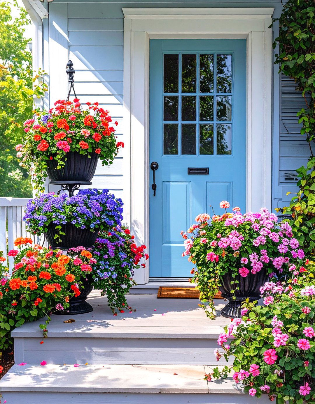 Small Front Porch with Tiered Planters - 30 small front porch decorating ideas