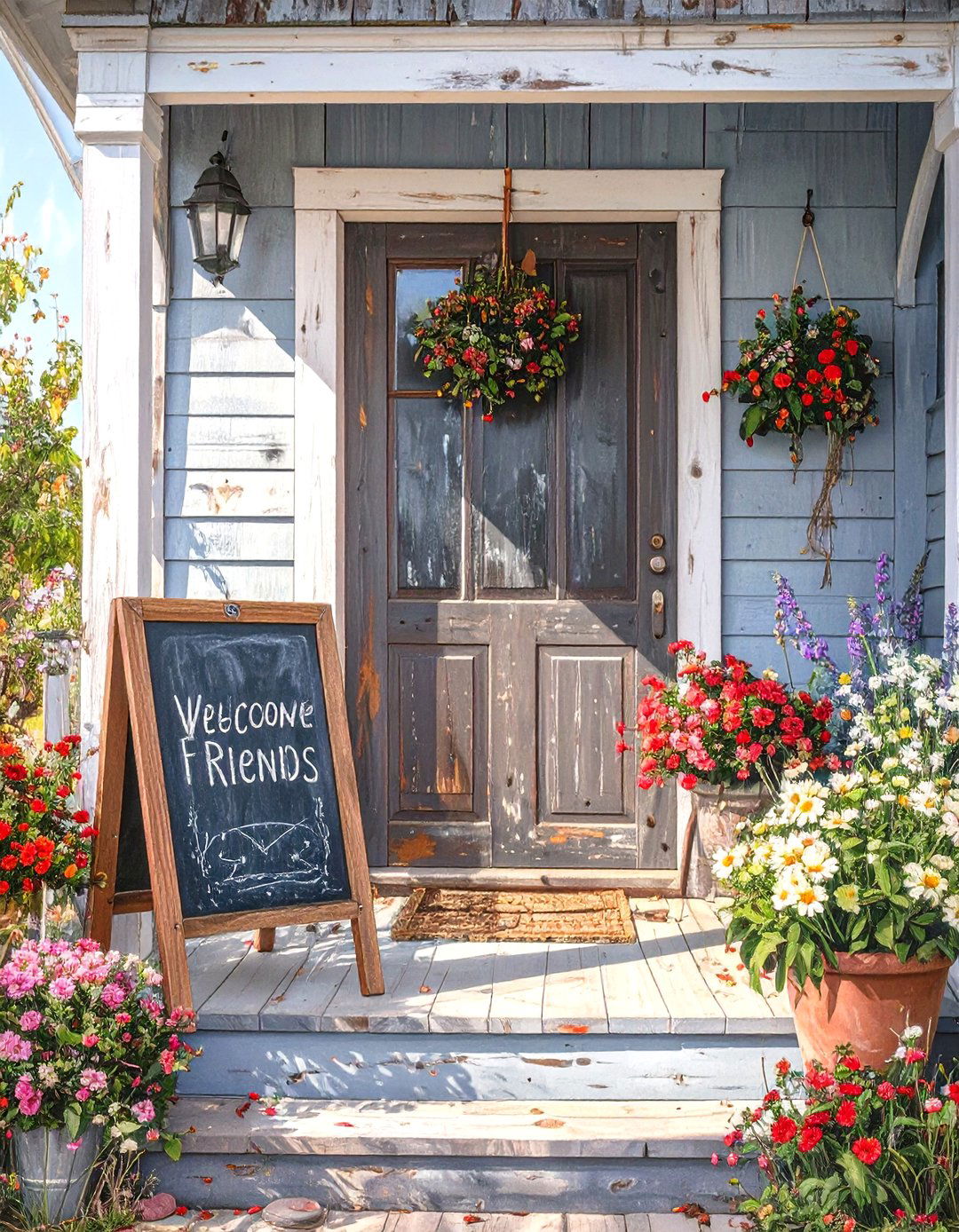 Small Front Porch with a Chalkboard Welcome Sign - 30 small front porch decorating ideas