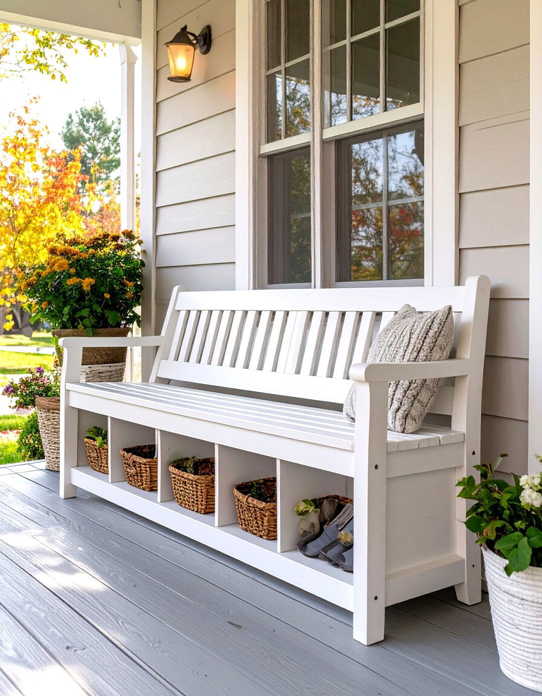 Small Front Porch with a Slim Shoe Storage Bench - 30 small front porch decorating ideas