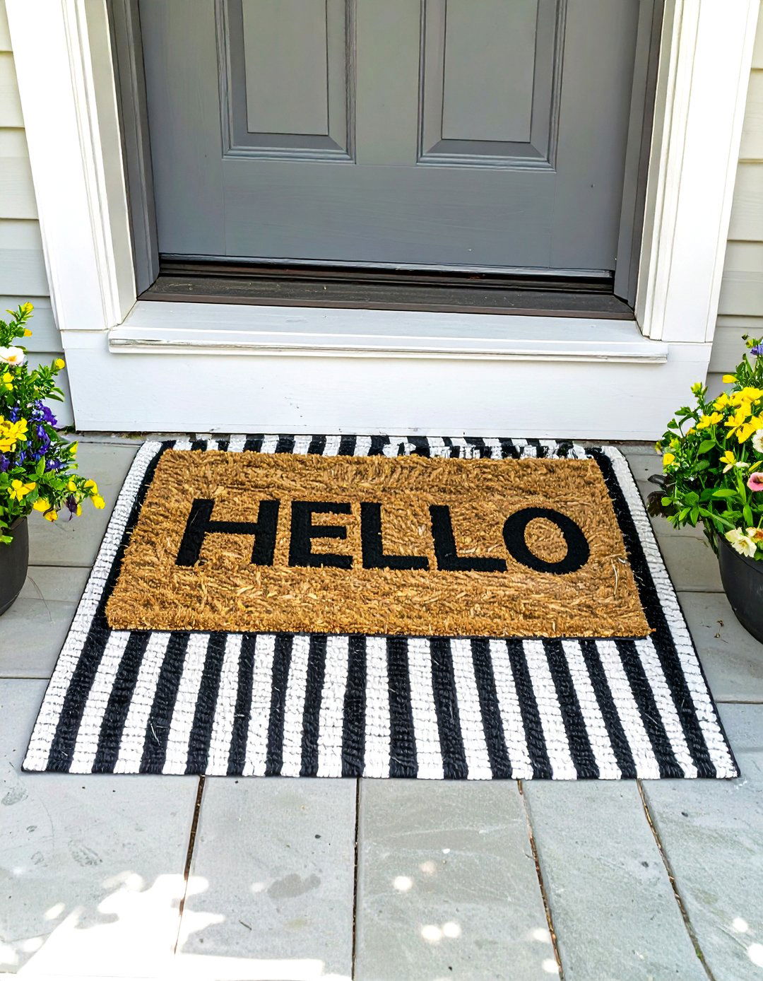 Small Front Porch with a Welcome Mat and Layered Rug - 30 small front porch decorating ideas