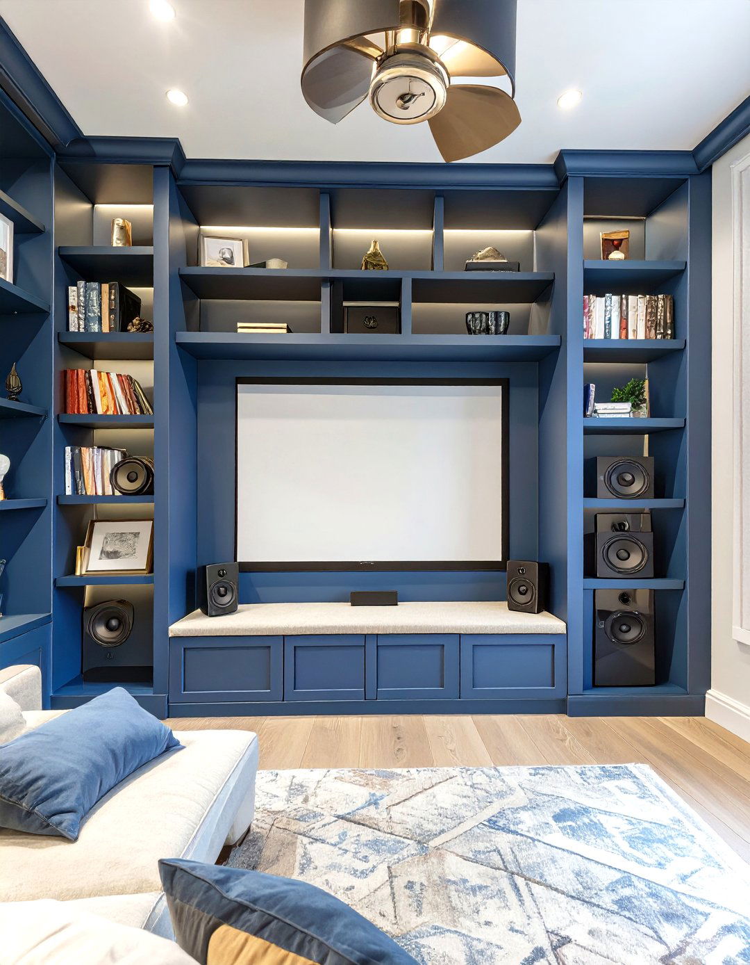 Small Home Theater with Integrated Bookshelves - 30 small home theater ideas