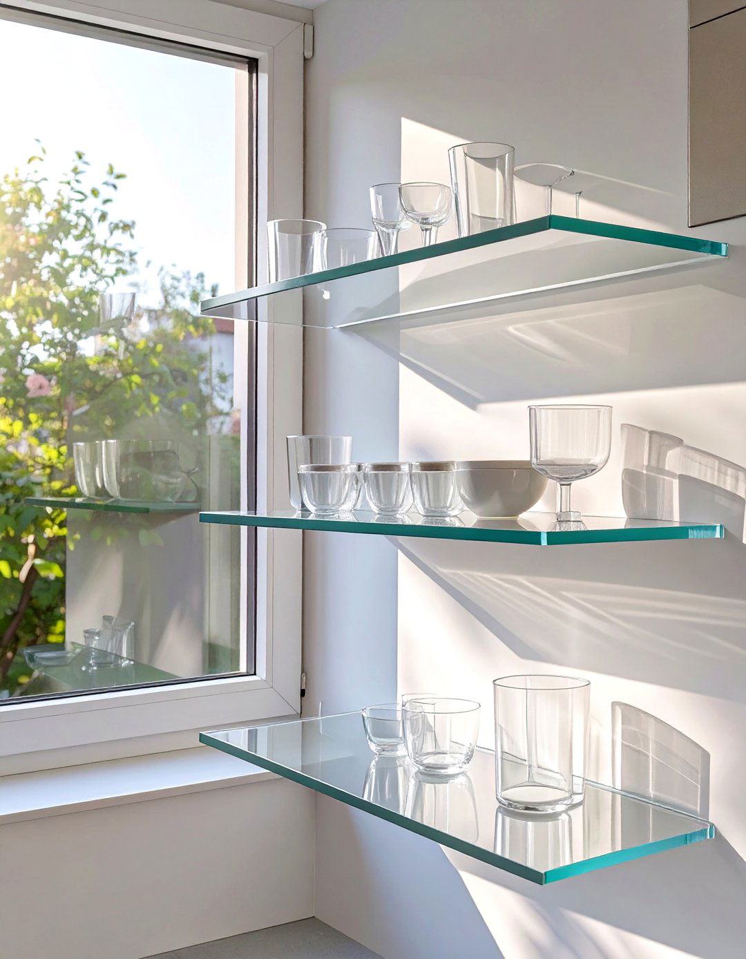 Small Kitchen with Floating Shelves Across a Window - 30 small kitchen design ideas