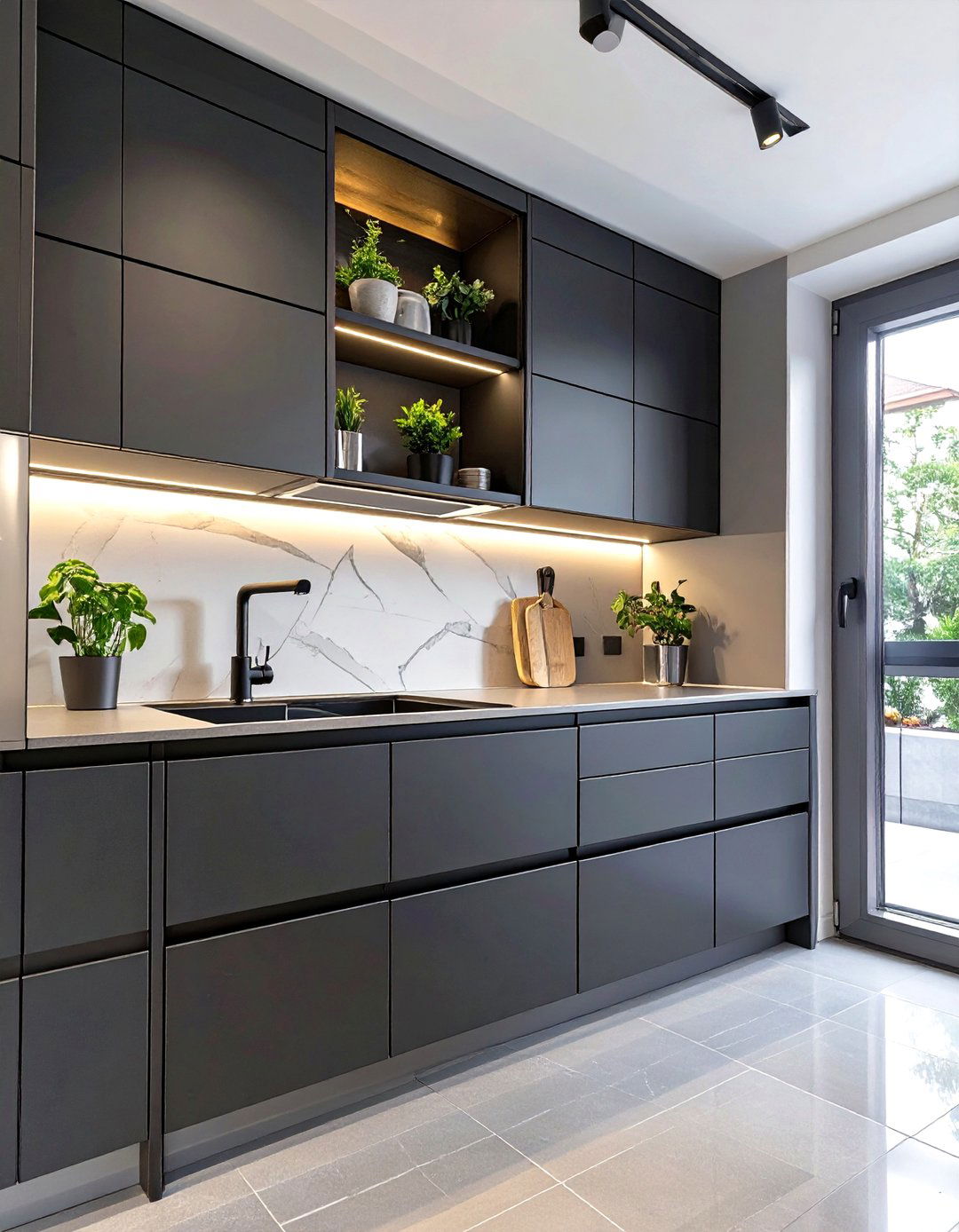 Small Kitchen with Seamless Cabinet Hardware - 30 small kitchen design ideas