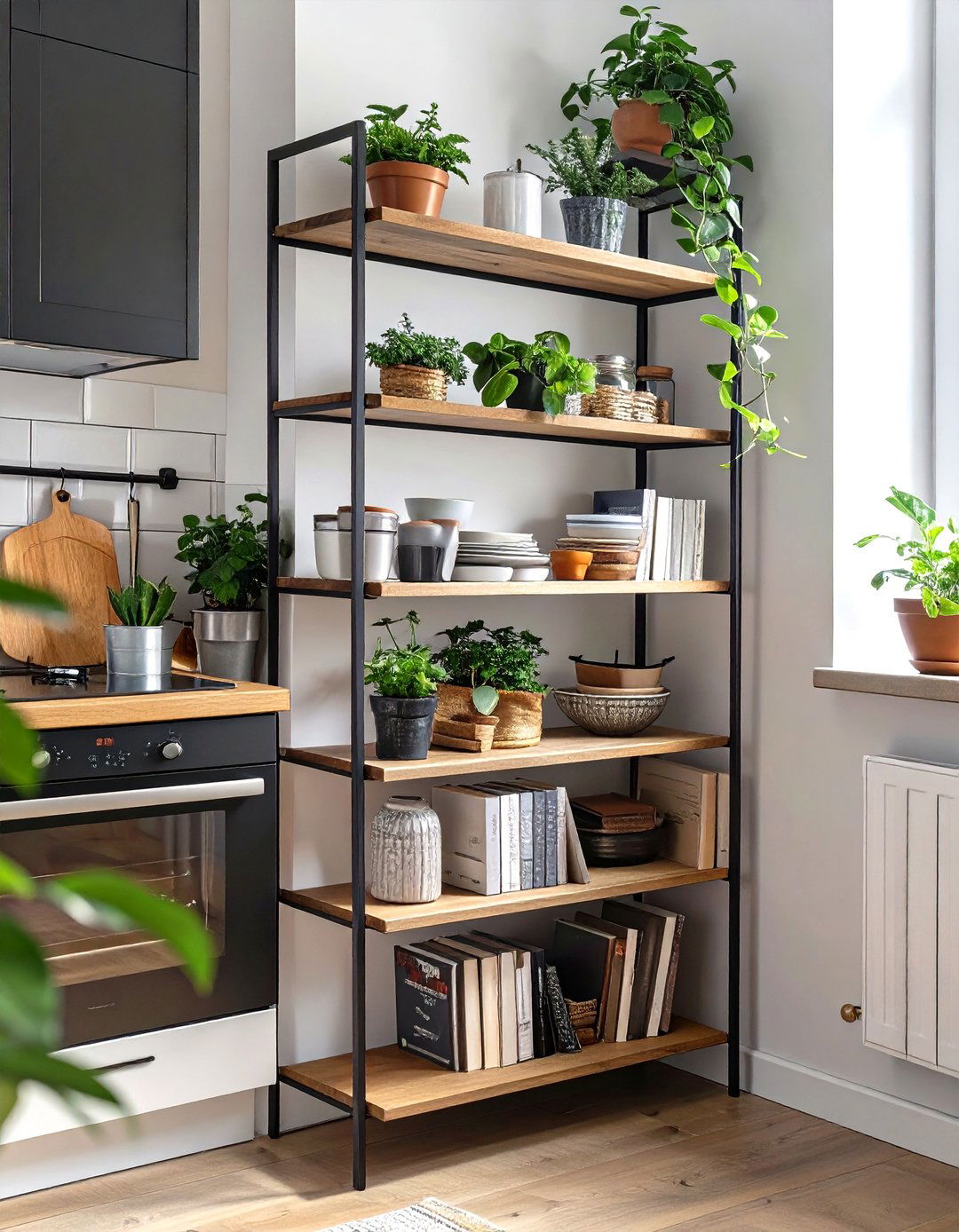 Small Kitchen with a Narrow Freestanding Shelf Unit - 30 small kitchen design ideas