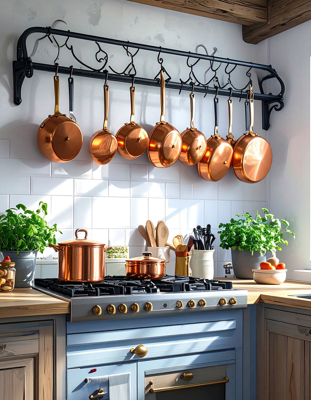 Small Kitchen with a Wall Mounted Pot Rack - 30 small kitchen design ideas