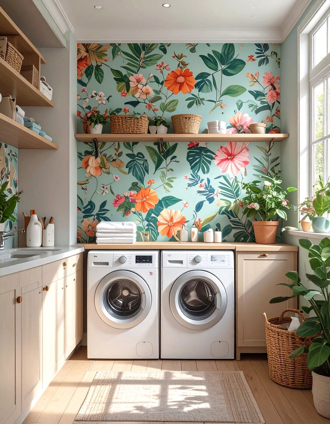 Small Laundry Closet with Wallpaper Accent Wall - 30 small laundry closet ideas
