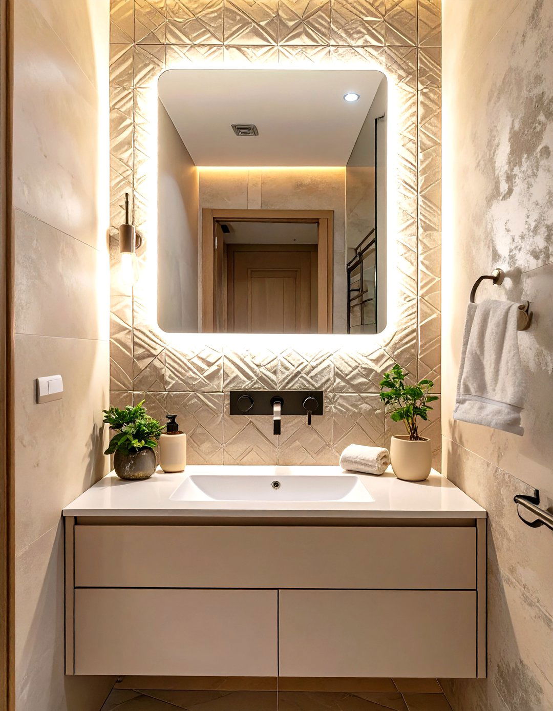 Small Luxury Bathroom with Backlit LED Mirrors - 30 small luxury bathroom ideas