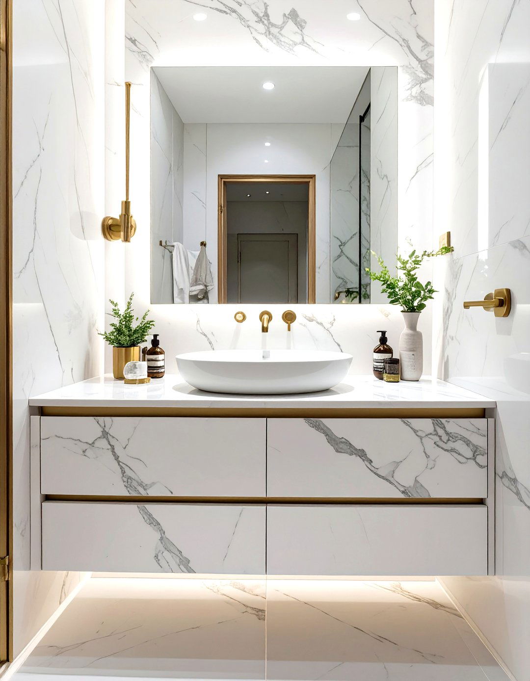 Small Luxury Bathroom with a Floating Marble Vanity - 30 small luxury bathroom ideas