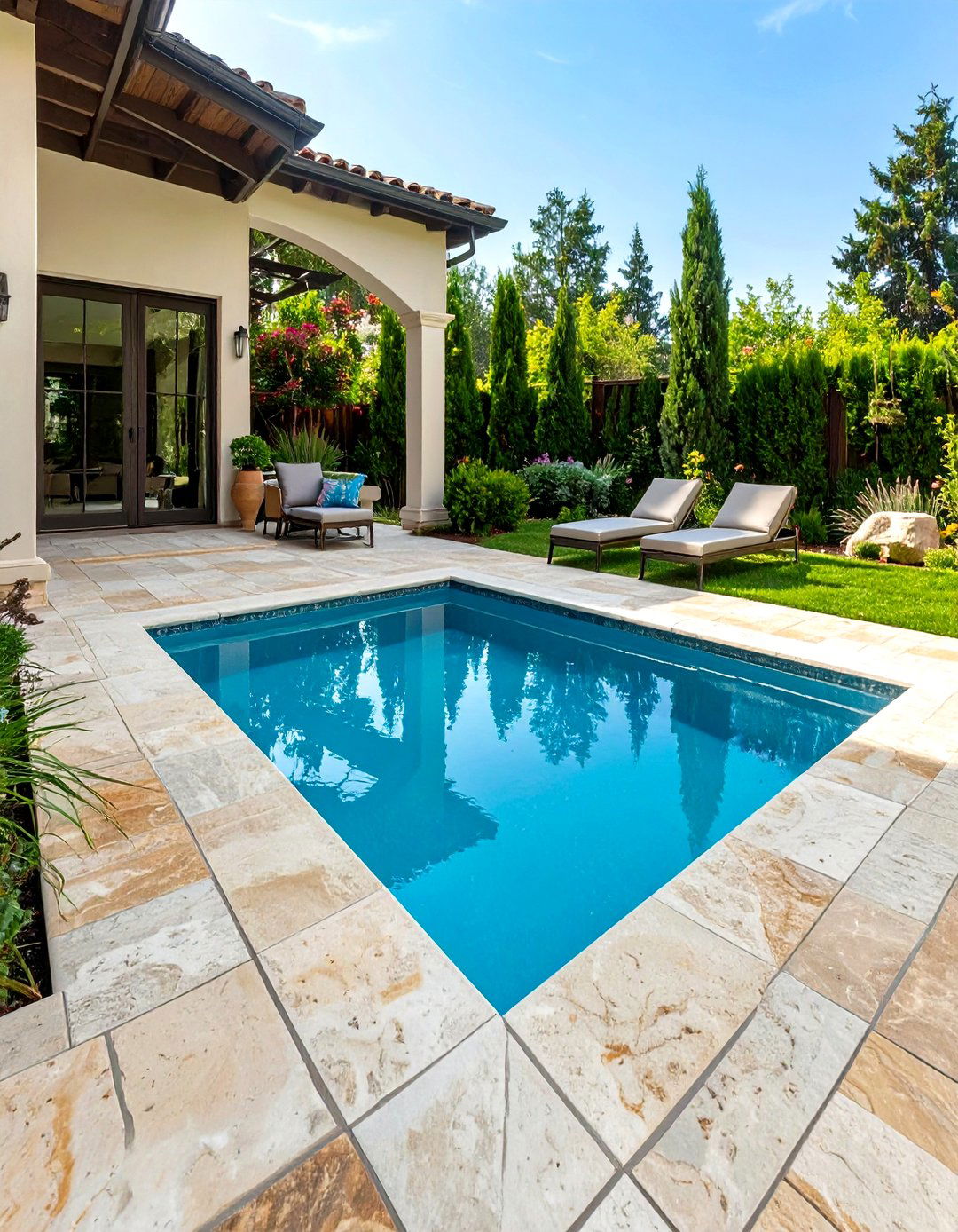 Small Pool with Travertine Pavers - 30 small backyard pool designs