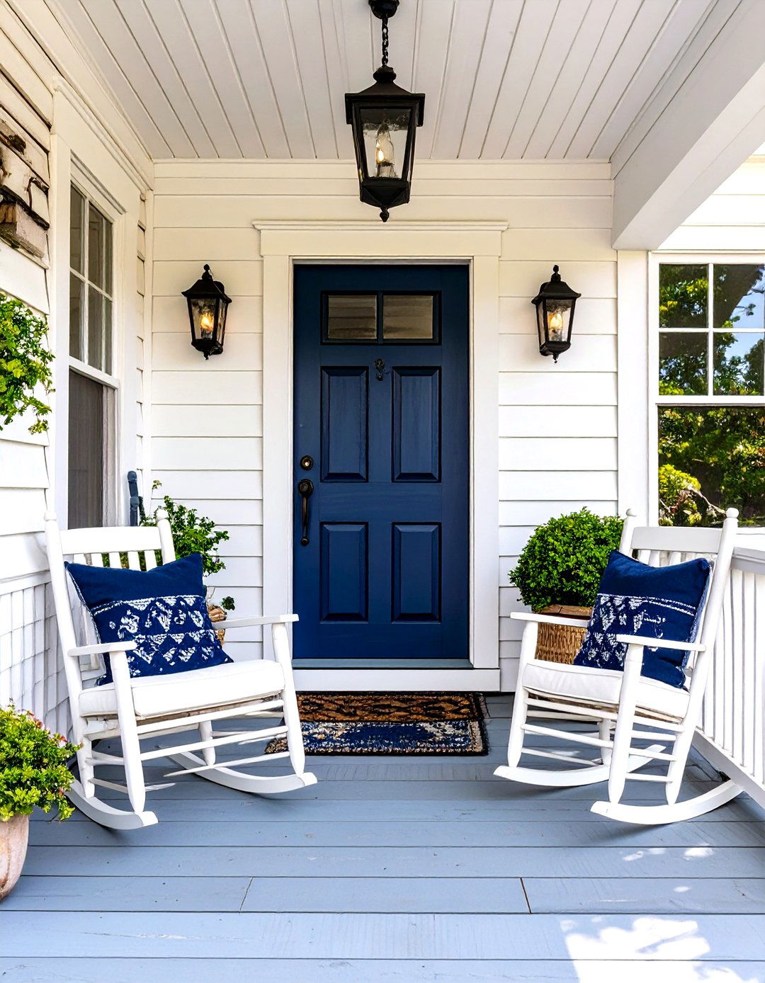 Small Porch with Navy Blue Accents - 30 small cape cod front porch ideas
