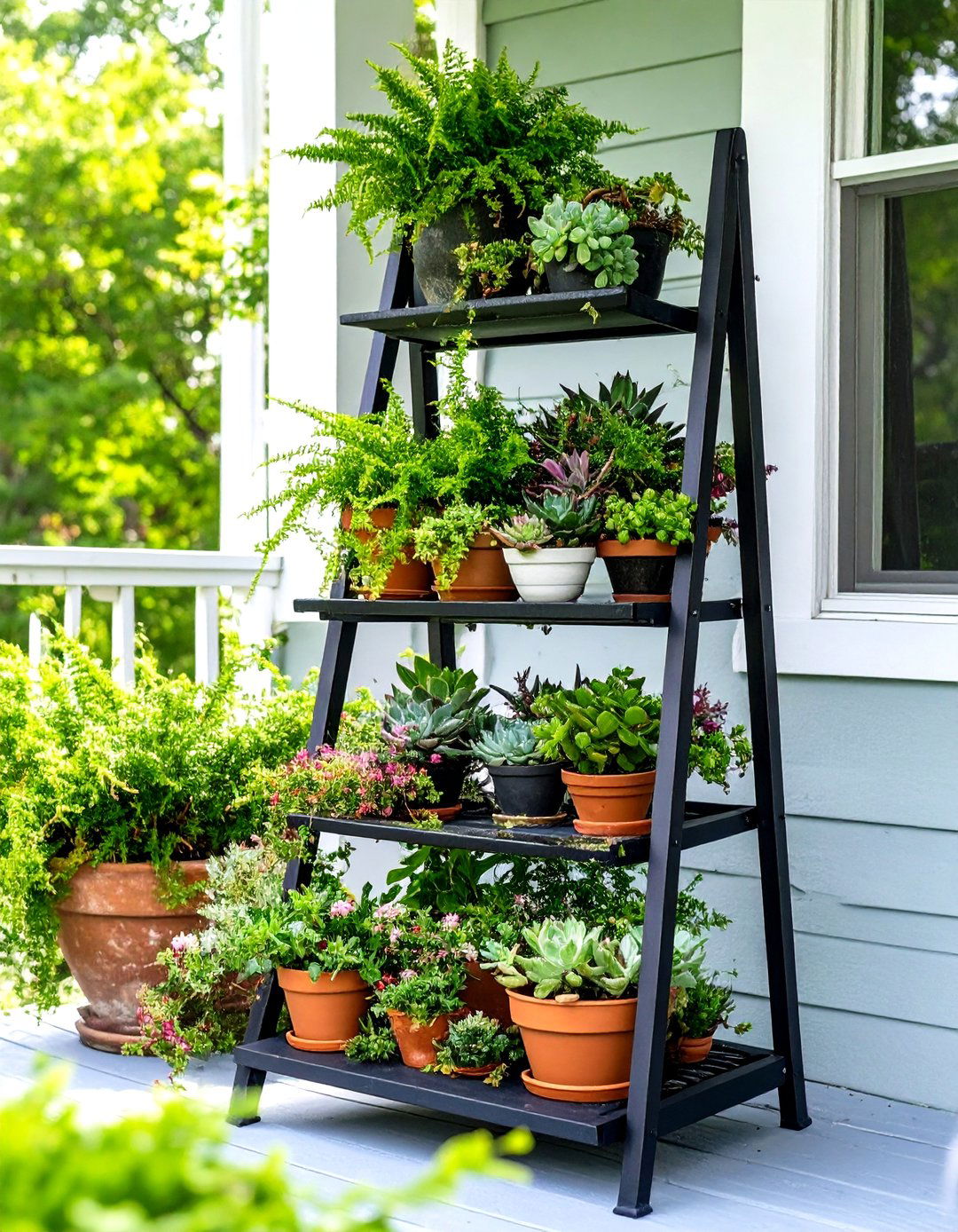 Small Porch with Tiered Plant Stand - 30 small porch decorating ideas