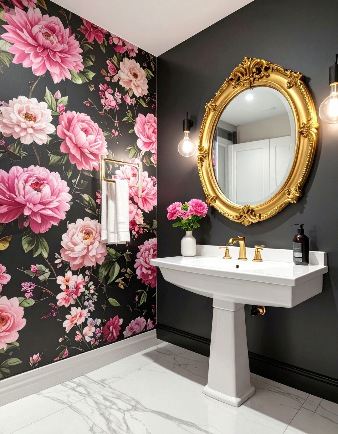 Small Powder Room with a Dramatic Black Floral Wallpaper - 30 black accent wall ideas