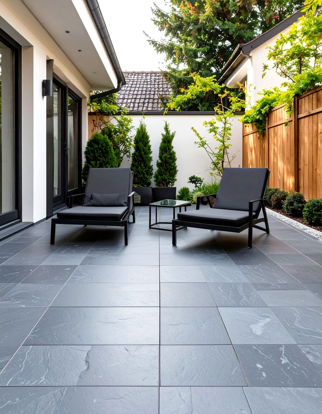 Small Scale Slate Tile Patio - 30 stone patio ideas on a budget