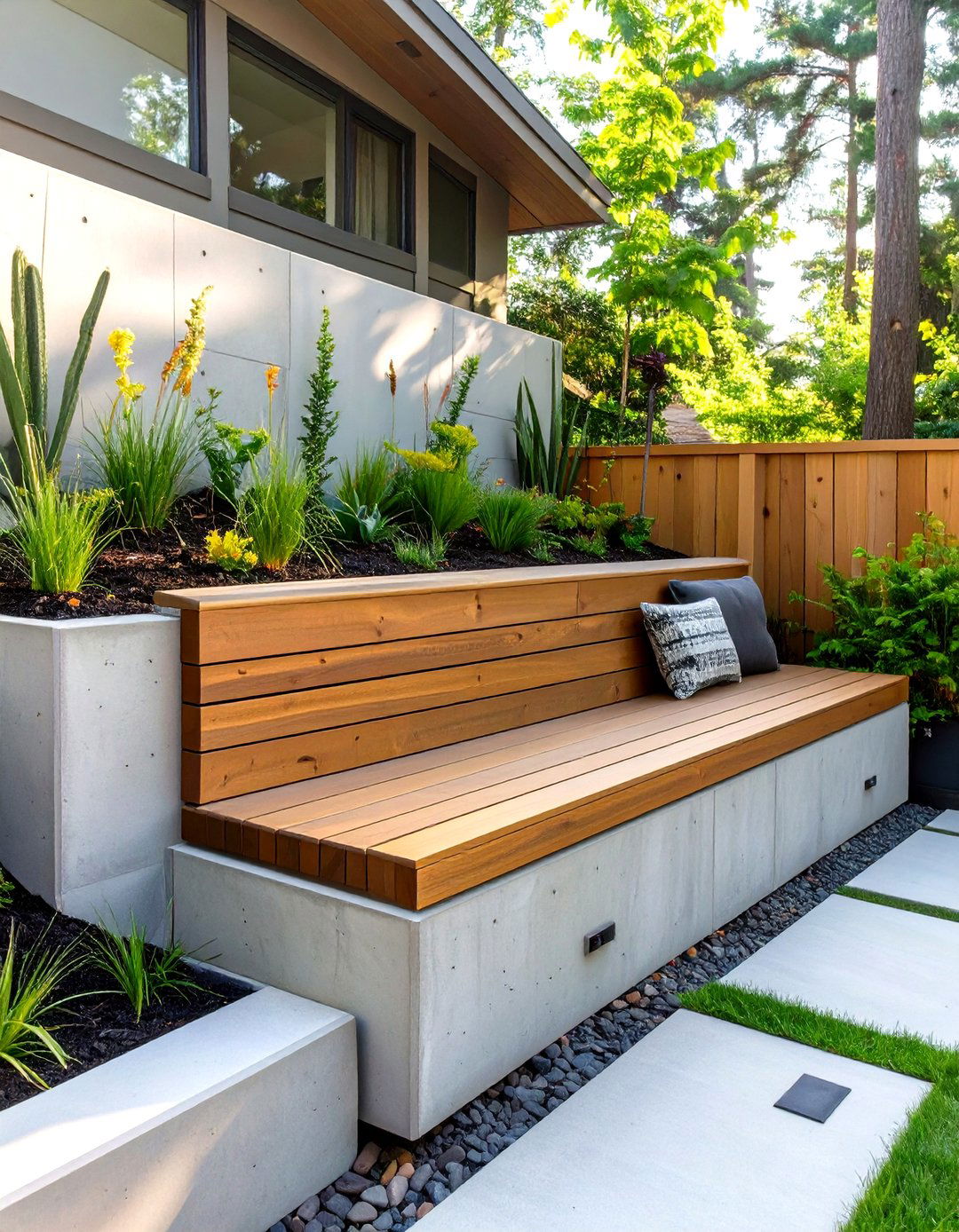 Small Sloped Backyard with Built In Bench Seating - 30 small sloped backyard ideas