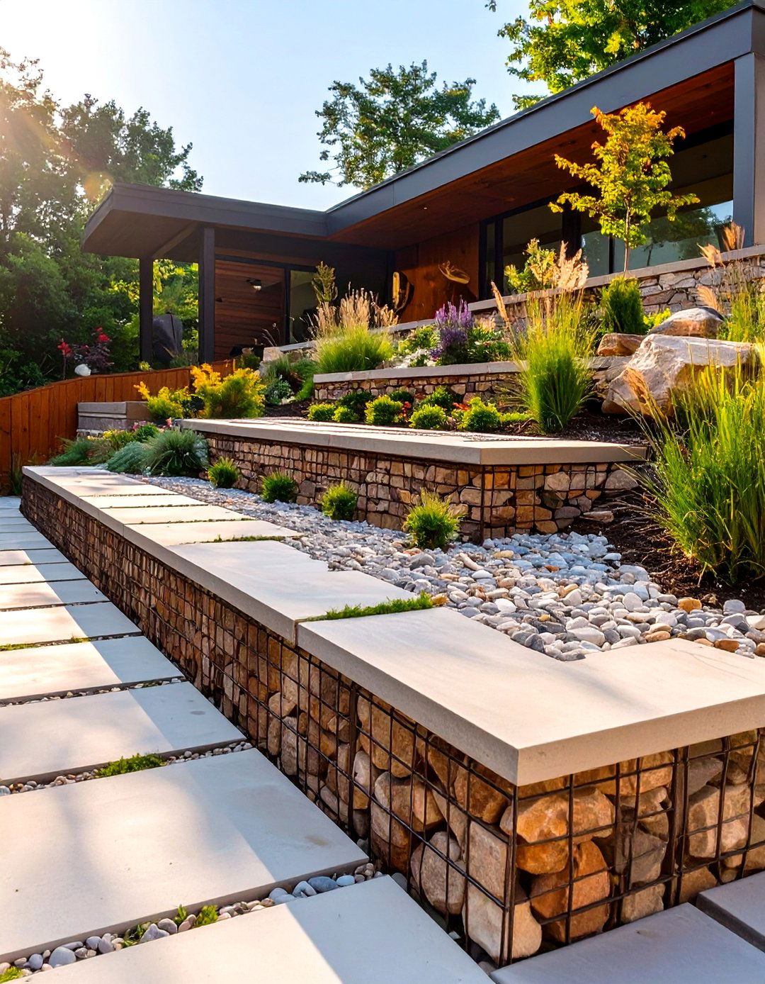 Small Sloped Backyard with Gabion Wall Terraces - 30 small sloped backyard ideas