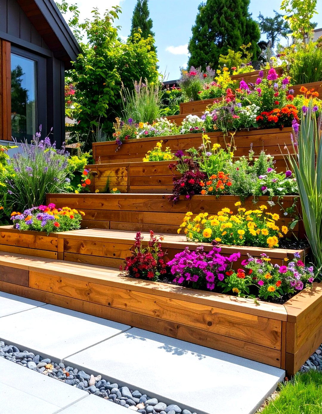 Small Sloped Backyard with Stepped Planter Boxes - 30 small sloped backyard ideas