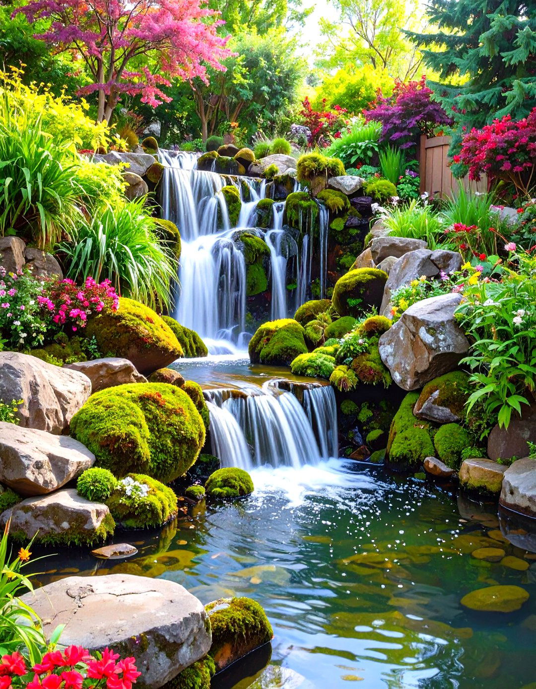 Small Sloped Backyard with a cascading Water Feature - 30 small sloped backyard ideas